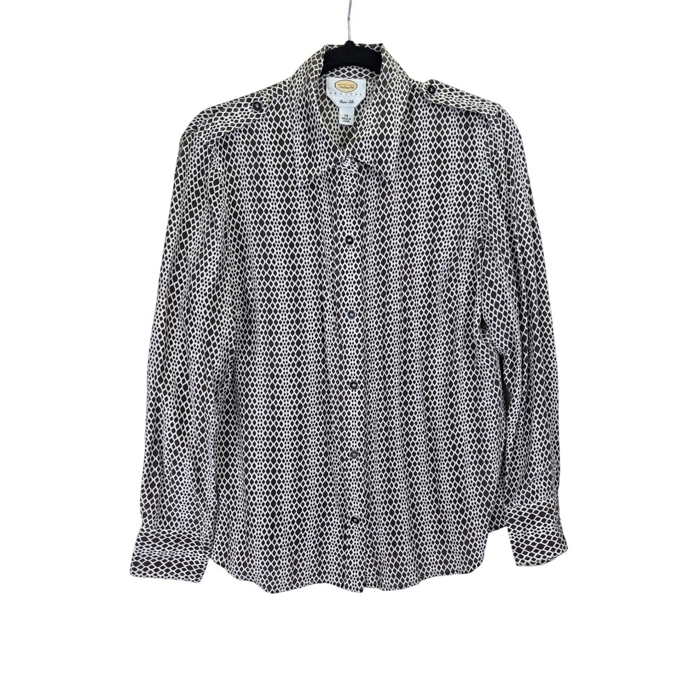 Talbots Petites‎ Silk Button Down Womens Shirt 14 Brown White Snake Print Office